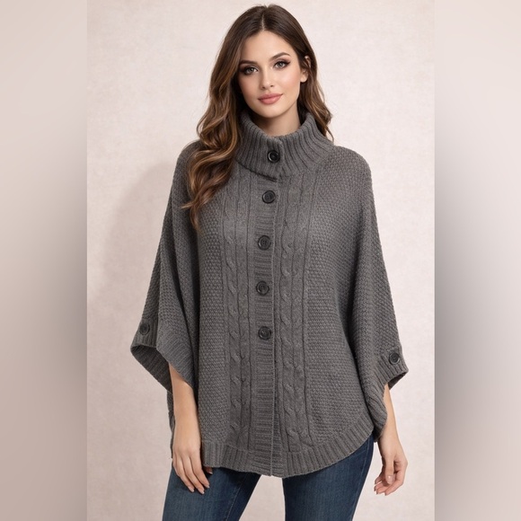 Merona Chunky Cable Knit Button Front Poncho / Cape Sweater Gray Size L/XL - Picture 15 of 15